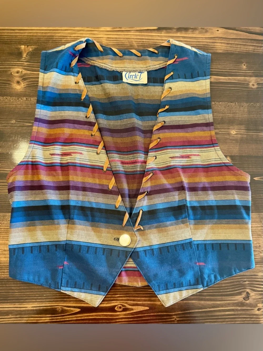 Vintage Circle T Blue and Tan Striped Western Vest with Suede Trim‎